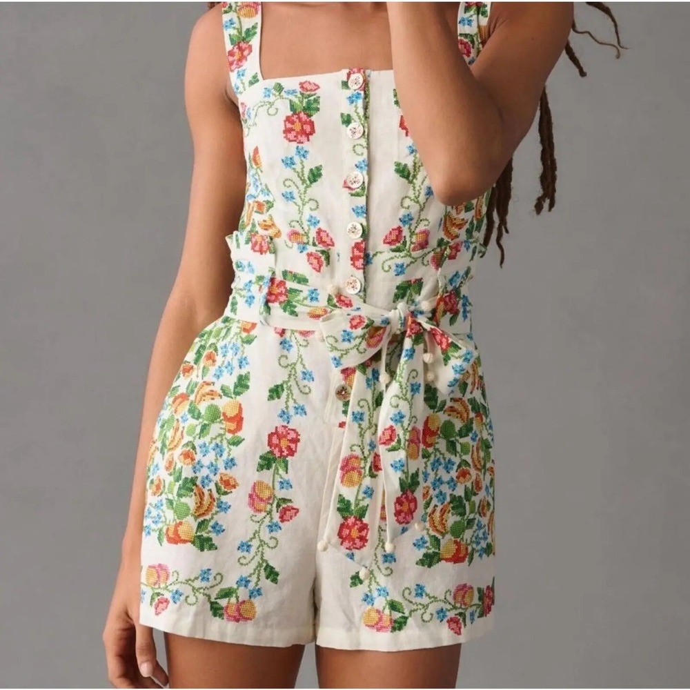 FARM Rio Floral Embroidered Jumpsuit - White and Multicolor